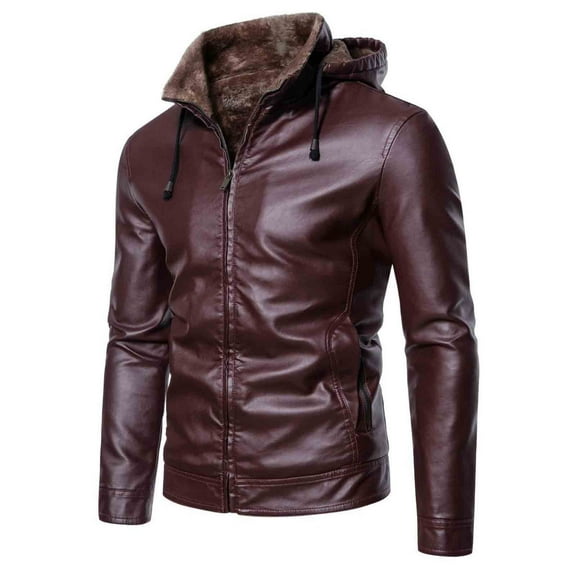 Hooded Leather Jacket Men Slim Fit Zip-Up Biker Jacket Winter Sherpa Lined Cafe Racer Classic Black Faux Leather Coat