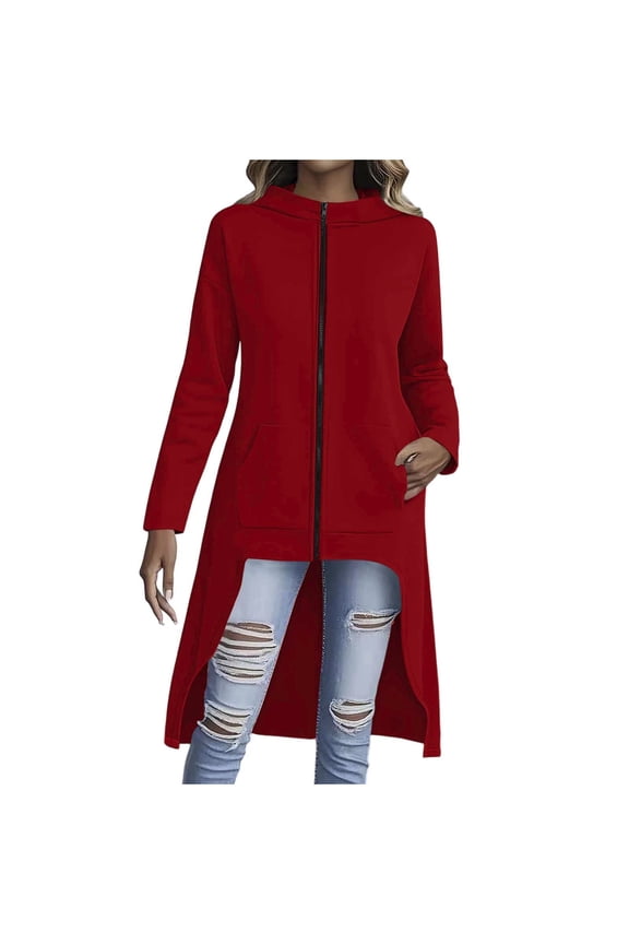 Hooded Long Jackets for Women High Low Fleece Hoodie Fall Casual Solid Color Long Sleeve Full Zip Jackets with Pockets Red L