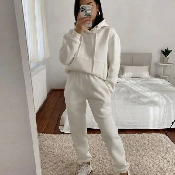 Hooded Loose Fit Sweatshirt & Joggers (S, White)