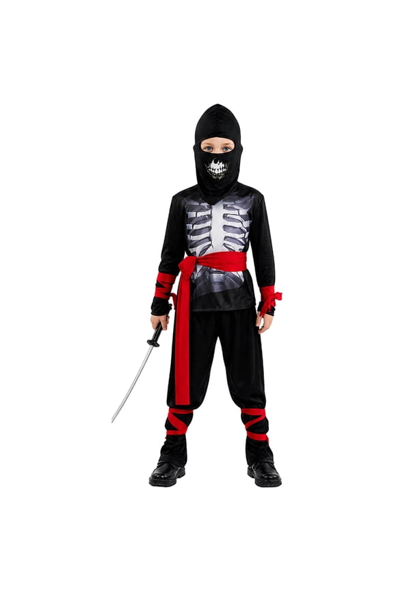 Hooded Mask Cosplay Uniform, Skeleton Print Ninja Costume Suit, Hooded Mask Bone Pattern Warrior Outfit With Red Sash for Halloween Dark Fighter Cosplay, Multi Size Black Costume Set, Black S