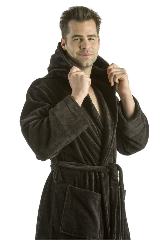 Hooded Men Robe For Men Women, Terry Cotton Bathrobe, BLACK, ONE SIZE