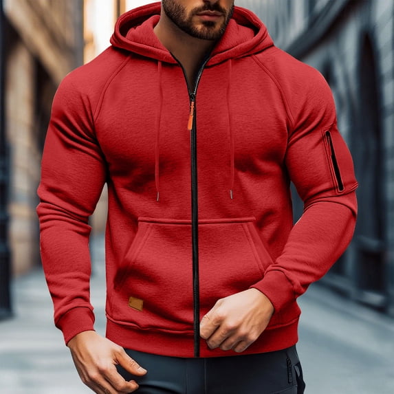 Hooded Mens Jacket Red Zip Up Jacket Long Sleeve Pocket Fall Winter Outerwear