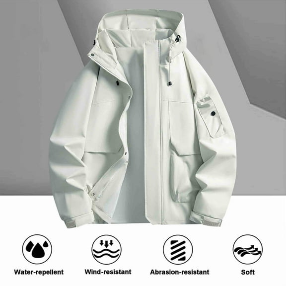 Hooded Mens Jacket Winter White Plain Zip Up Jacket Lightweight Long Sleeve Fall Casual Men's Clothing