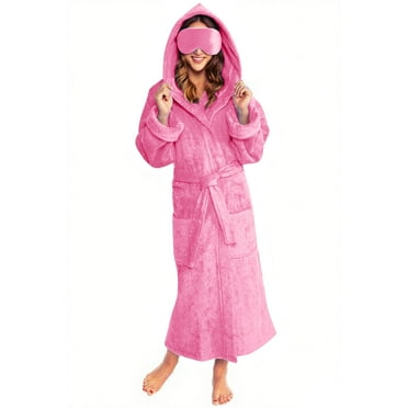 Hooded Nightgown for Women Double Sided Velvet Bathrobes Solid Color Sleepwear Robe Fleece Winter Pyjamas Hoody Robes Long Sleeve Home Clothing(Free Eye Mask)