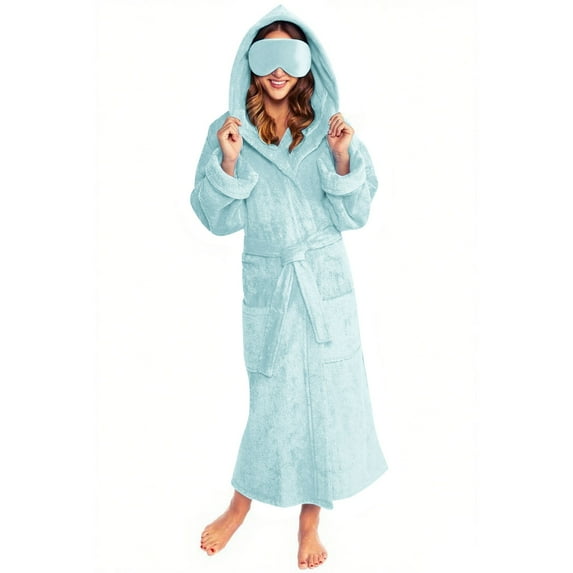 Hooded Nightgown for Women Double Sided Velvet Bathrobes Solid Color Sleepwear Robe Fleece Winter Pyjamas Hoody Robes Long Sleeve Home Clothing(Free Eye Mask)