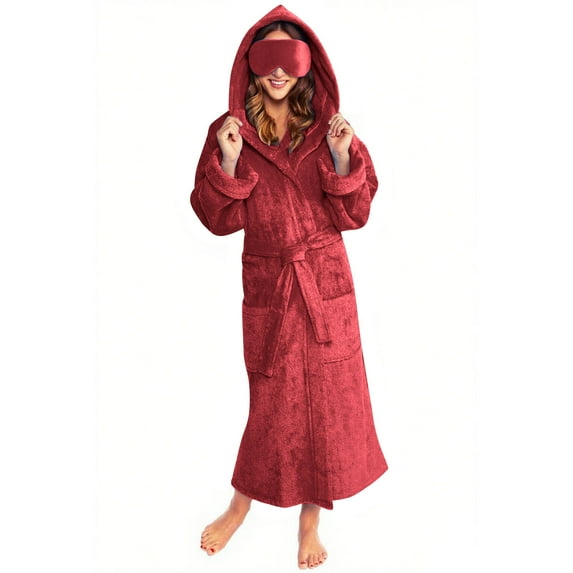 Hooded Nightgown for Women Double Sided Velvet Bathrobes Solid Color Sleepwear Robe Fleece Winter Pyjamas Hoody Robes Long Sleeve Home Clothing(Free Eye Mask)