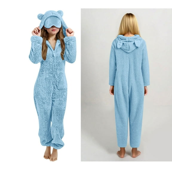 Hooded Onesie Pajamas with Eye Mask Girls Pajamas with Bear-Eared Hood Zip Onesie Pajamas One-Piece Loungewear Kids Warm Clothes 9-10 Years