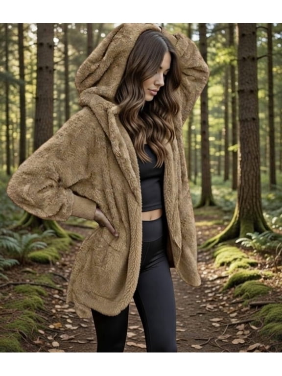 Hooded Open Front Cozy Fleece Blanket Jacket - Women Outtek