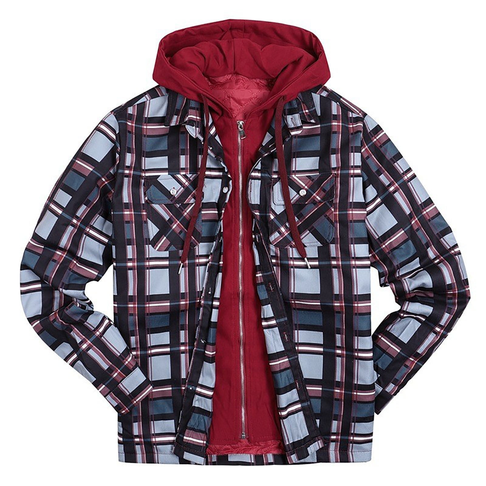 Hooded Plaid Shirts for Men Long Sleeve Padded Zipper Hoodies Flannel ...