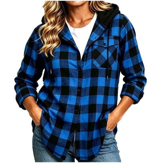 Elwylmiz Hooded Plaid Shirts for Women Button Down Long Sleeve Tunic Shirt Drawstring Collared Casual Tops Flannel Shacket Jacket