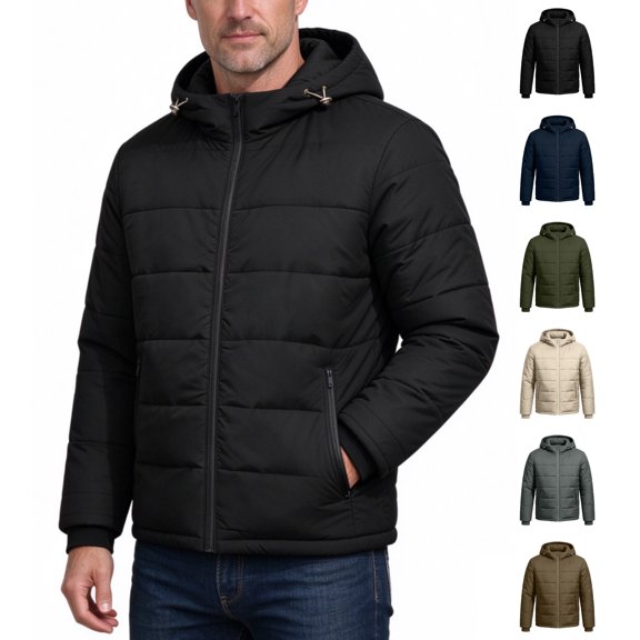 Hooded Puffer Coat for Men Solid Color Quilted Winter Coat Warm Padded Outerwear with Zipper Pockets