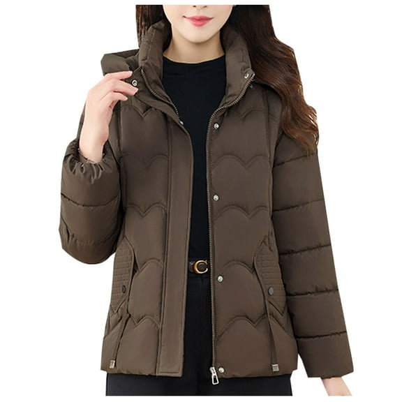 Hooded Puffer Coat for Women Long Sleeve Stand Collar Padded Button Down Zip Up Jacket with Pockets Coffee XL