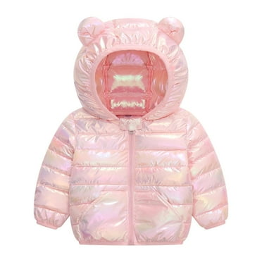 Hooded Puffer Jacket for Girls Boys, Packable Down Warm Coat, Shiny Outerwear for Kids Winter, Packable Warmth Padded Winter Jacket Coats Pinks 12 Months