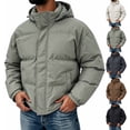 thumbnail image 1 of Hooded Puffer Jacket Men Solid Color Windproof Zip Up Winter Coat,Warm Thick Padded Outerwear with Pockets, 1 of 8