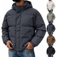 thumbnail image 1 of Hooded Puffer Jacket Men Solid Color Windproof Zip Up Winter Coat,Warm Thick Padded Outerwear with Pockets, 1 of 8