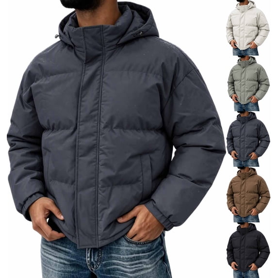 Hooded Puffer Jacket Men Solid Color Windproof Zip Up Winter Coat,Warm Thick Padded Outerwear with Pockets