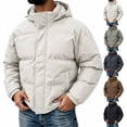 thumbnail image 1 of Hooded Puffer Jacket Men Solid Color Windproof Zip Up Winter Coat,Warm Thick Padded Outerwear with Pockets, 1 of 8