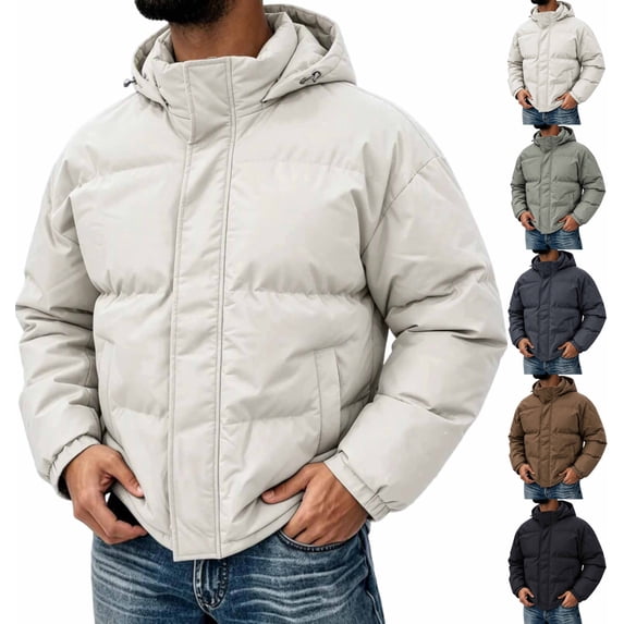Hooded Puffer Jacket Men Solid Color Windproof Zip Up Winter Coat,Warm Thick Padded Outerwear with Pockets