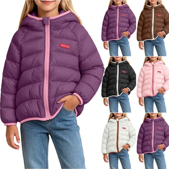 Hooded Puffer Jacket With Fleece Lining Girls Hooded Puffer Jacket Color Block Zip Up Windproof Casual Warm Outerwear Coat for Kids Purple 3-4 Years