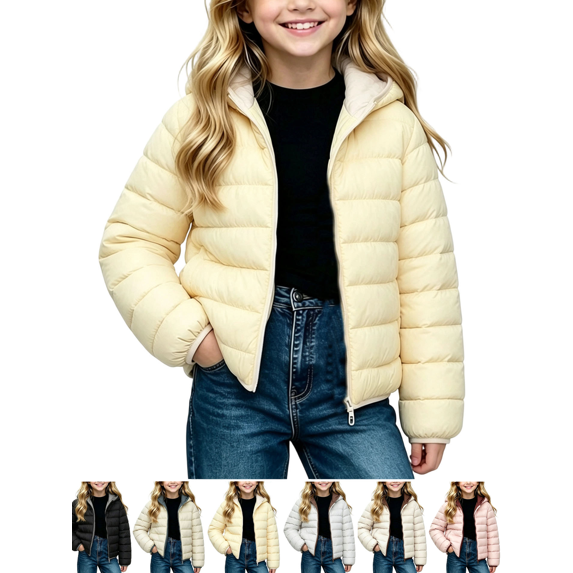 Hooded Puffer Jackets for Kids Zip Up Long Sleeve Lightweight Jacket Girls Casual Warm Winter Soft Outerwear