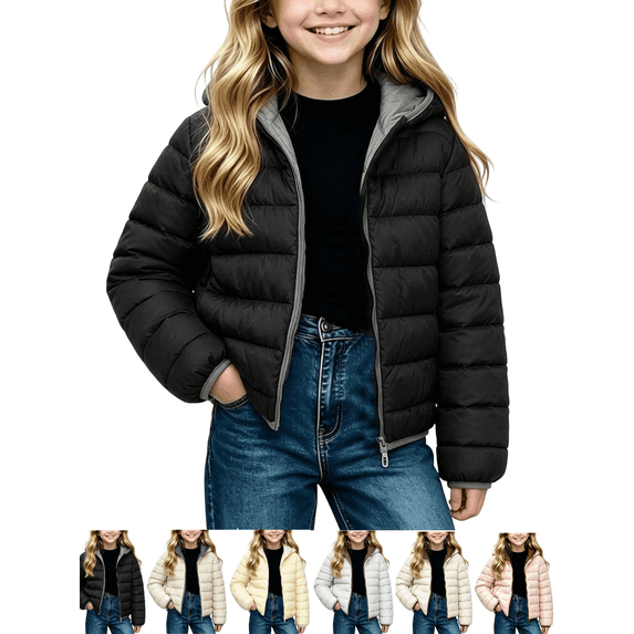 Hooded Puffer Jackets for Kids Zip Up Long Sleeve Lightweight Jacket Girls Casual Warm Winter Soft Outerwear