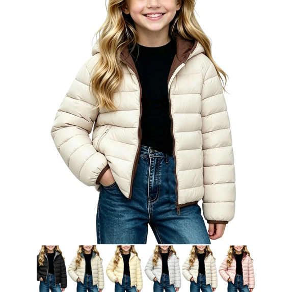Hooded Puffer Jackets for Kids Zip Up Long Sleeve Lightweight Jacket Girls Casual Warm Winter Soft Outerwear