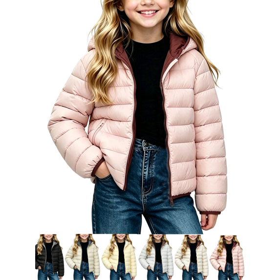 Hooded Puffer Jackets for Kids Zip Up Long Sleeve Lightweight Jacket Girls Casual Warm Winter Soft Outerwear