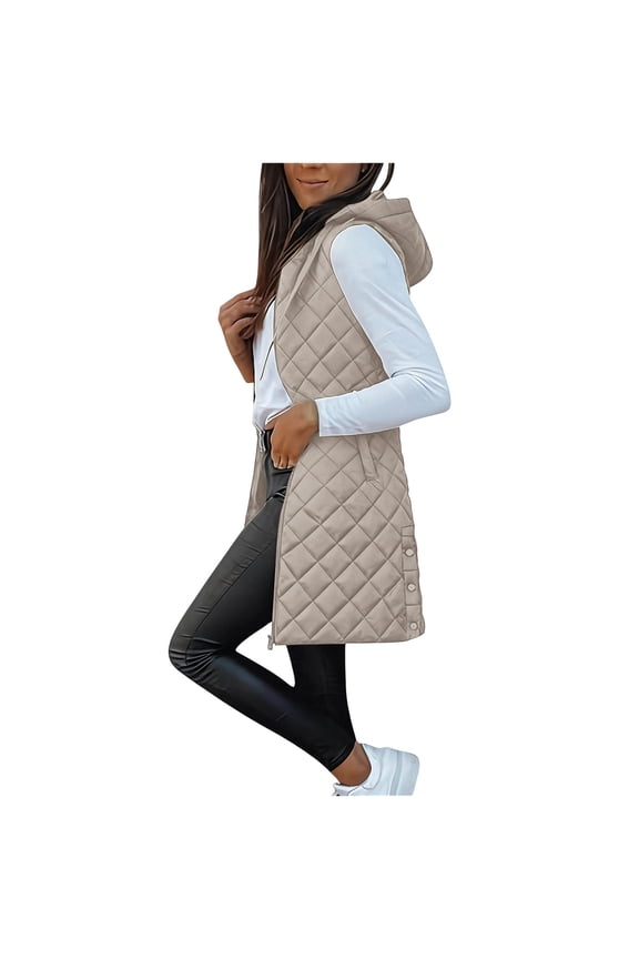 Hooded Puffer Vests for Women Winter Warm Long Quilted Sleeveless Jackets with Pockets Fall Zip up Coat Outerwear New Sleeveless Vests for Women Khaki S