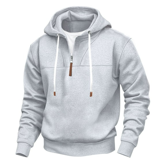 Hooded Quarter Zip Men, Oversized Fleece Lined Pullover Sweatshirt, Fall Warm Pullover Hoodies with Pockets Gray S