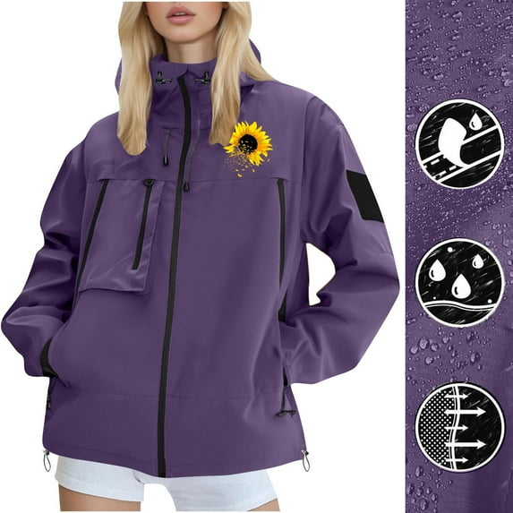 Hooded Rain Jacket for Men Women with Pockets Unisex Lightweight Windproof Solid Color Long Sleeve Raincoat Windbreaker Travel Cycling Outdoor Jacket Purple