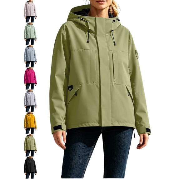 Hooded Rain Jacket for Women Full Zip Long Sleeve Waterproof Windproof Oversized Multi Pocket Outdoor Fall Winter Jacket