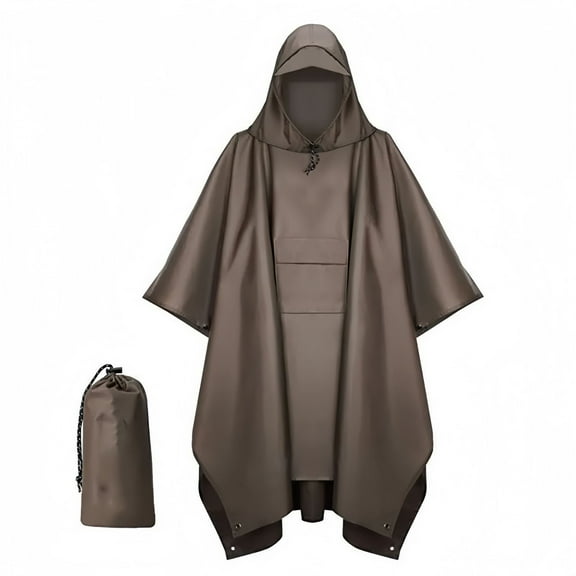 Hooded Rain Poncho for Adult with Pocket, Waterproof Lightweight Unisex Raincoat for Hiking Camping Emergency(Brown)