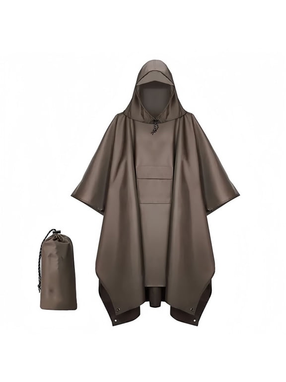 Hooded Rain Poncho for Adult with Pocket, Waterproof Lightweight Unisex Raincoat for Hiking Camping Emergency(Brown)