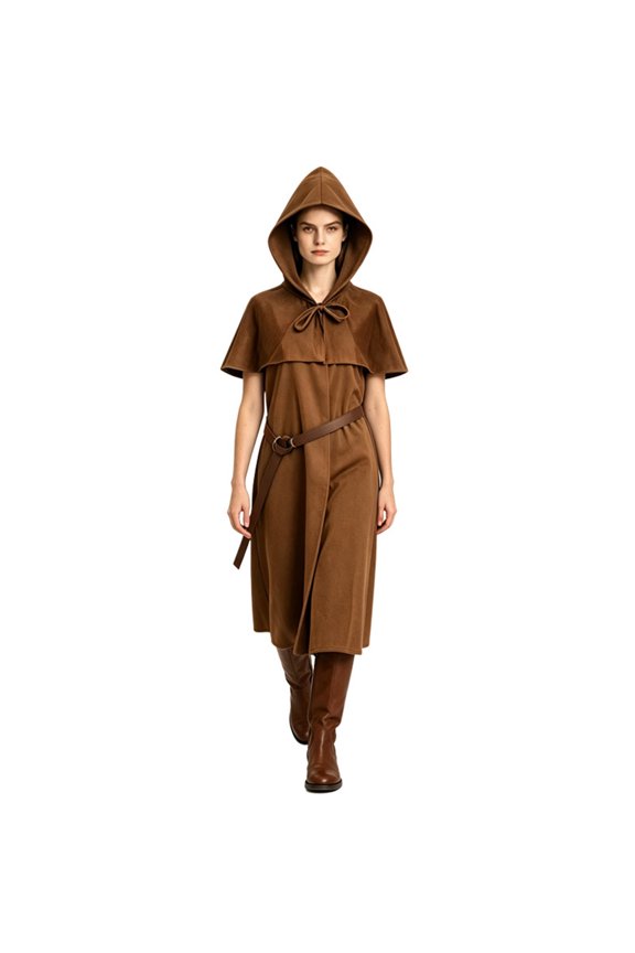 Hooded Ranger Tunic Robe, Hooded Medieval Ranger Robe Tunic With Shoulder Capelet, Belted Long Wizard Surcoat for Halloween Renaissance Larp Cosplay, 5 Color Soft Woven Fantasy Costume Robe, Brown L