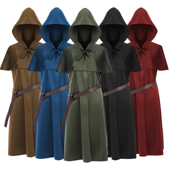 Hooded Ranger Tunic Robe, Hooded Medieval Ranger Robe Tunic With Shoulder Capelet, Belted Long Wizard Surcoat for Halloween Renaissance Larp Cosplay,Soft Woven Fantasy Costume Robe, Army Green L