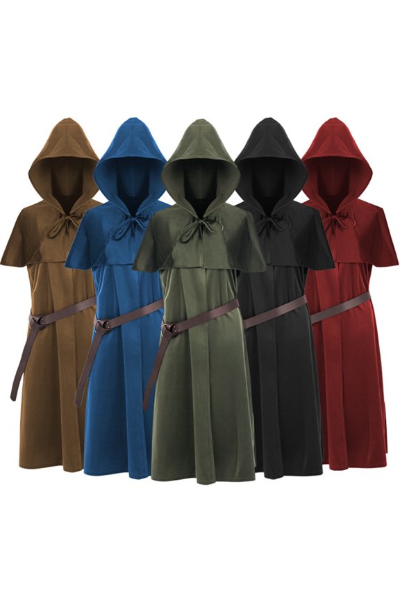 Hooded Ranger Tunic Robe, Hooded Medieval Ranger Robe Tunic With Shoulder Capelet, Belted Long Wizard Surcoat for Halloween Renaissance Larp Cosplay,Soft Woven Fantasy Costume Robe, Army Green L