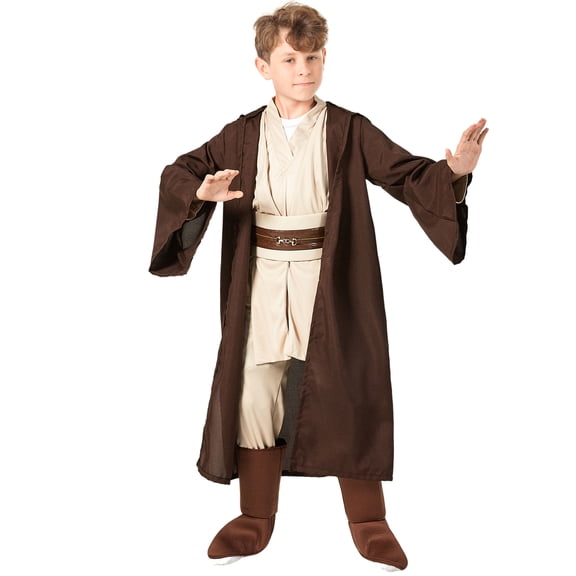 Hooded Robe Costume Brown Knight Tunic Cloak Set with Belt Pants Boot Covers for Halloween Cosplay Dress Up