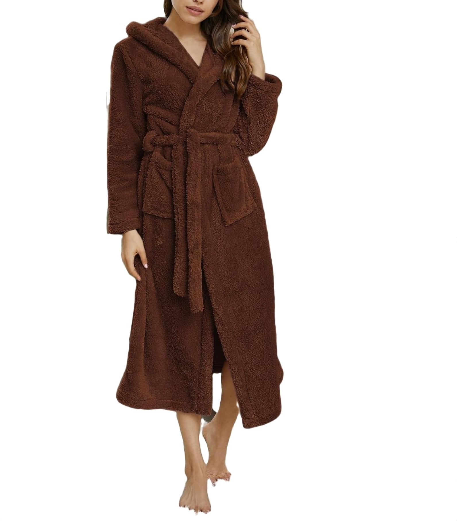 Hooded Robe Long Sleeve Nightdress Chocolate Brown Women Robes (Women's