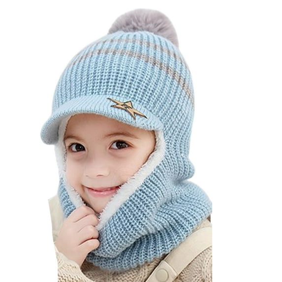 Hooded Scarf Baby Snow Hats Girl Fleece Lining Beanie With Pom Poms Toddler Kids Winter Knitted Kid Hat Scarf Earflap