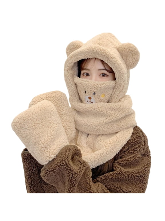 Hooded Scarf Gloves Hat 3 in 1 for Women in Winter, Faux Fur Soft Thick Warm Hat with Bear Ear Set