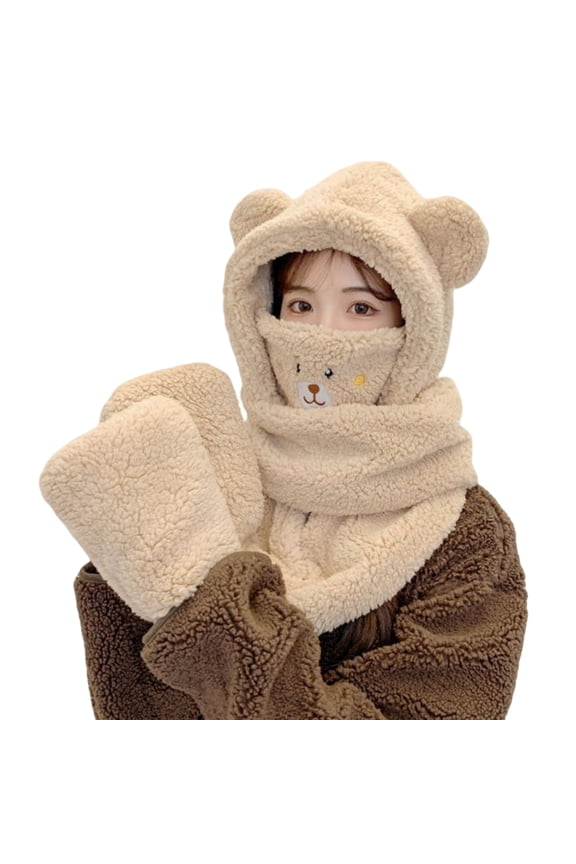 Hooded Scarf Gloves Hat 3 in 1 for Women in Winter, Faux Fur Soft Thick Warm Hat with Bear Ear Set