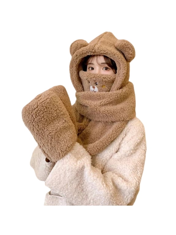 Hooded Scarf Gloves Hat 3 in 1 for Women in Winter, Faux Fur Soft Thick Warm Hat with Bear Ear Set