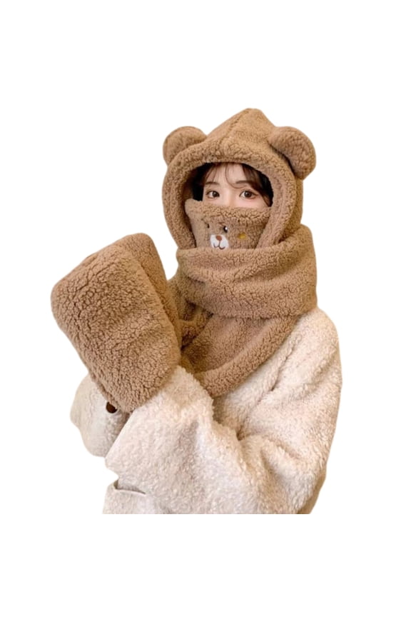 Hooded Scarf Gloves Hat 3 in 1 for Women in Winter, Faux Fur Soft Thick Warm Hat with Bear Ear Set