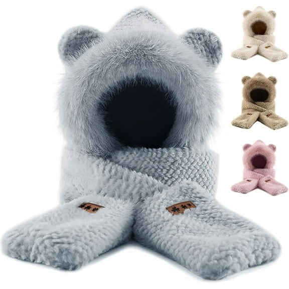 ​​Hooded Scarf Hat Gloves for Women Winter, Bear Ears 3-in-1 Set - Plush Faux Fur, Soft and Warm, Cute Hat with Mittens​​