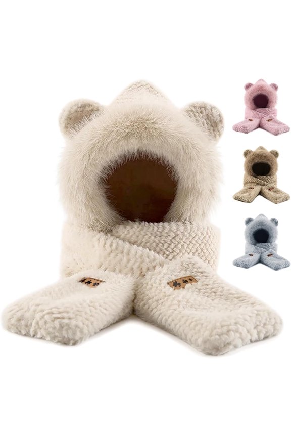 Hooded Scarf Hat Gloves for Women Winter, Bear Ears 3-in-1 Set - Plush Faux Fur, Soft and Warm, Cute Hat with Mittens