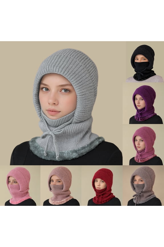 Hooded Scarf Hat Knit Balaclava Women Beanie Skull Cap with Drawstring Warm Winter Hats for Women Men Outdoor Sports Purple One Size