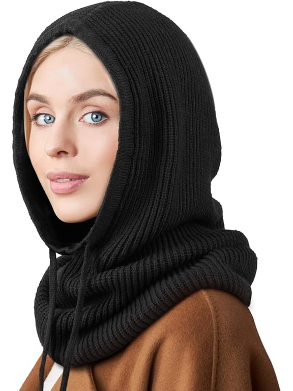Hooded Scarf Hat Knit Balaclava, Women Beanie Skull Cap with Drawstring, Warm Winter Hats for Women Men Outdoor Sports