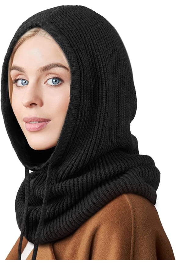 Hooded Scarf Hat Knit Balaclava, Women Beanie Skull Cap with Drawstring, Warm Winter Hats for Women Men Outdoor Sports