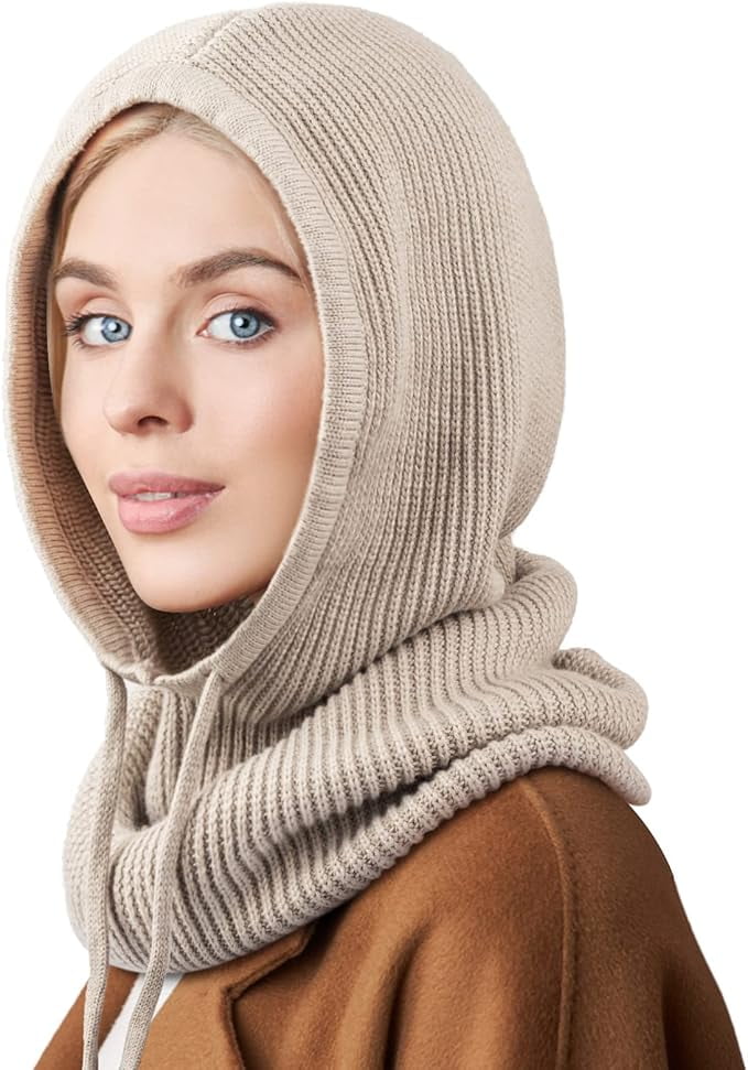 Warm Knitted Balaclava Hooded Scarf Hat Winter Beanie Skull Cap Hooded Scarf Hat Knit Balaclava, Women Beanie Skull Cap with  main image 3