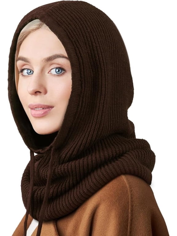 Hooded Scarf Hat Knit Balaclava, Women Beanie Skull Cap with Drawstring, Warm Winter Hats for Women Men Outdoor Sports
